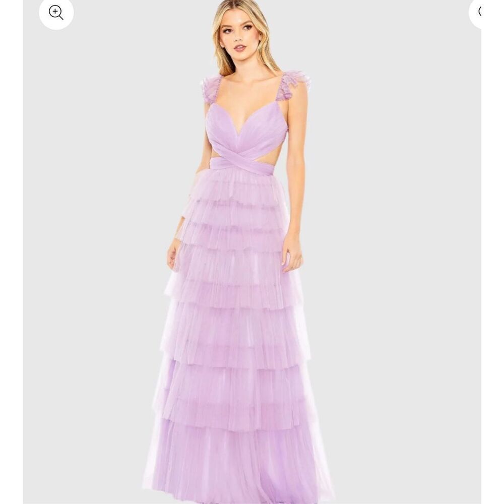 MAC DUGGAL Ruffle Tiered Tulle Cut Out Gown in lilac size 2 NWT